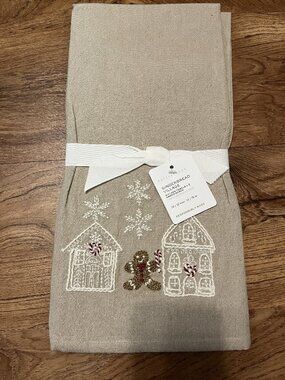 Pottery Barn Gingerbread Village Set of 2 Embroidered Kitchen Towels 20 x 30 in